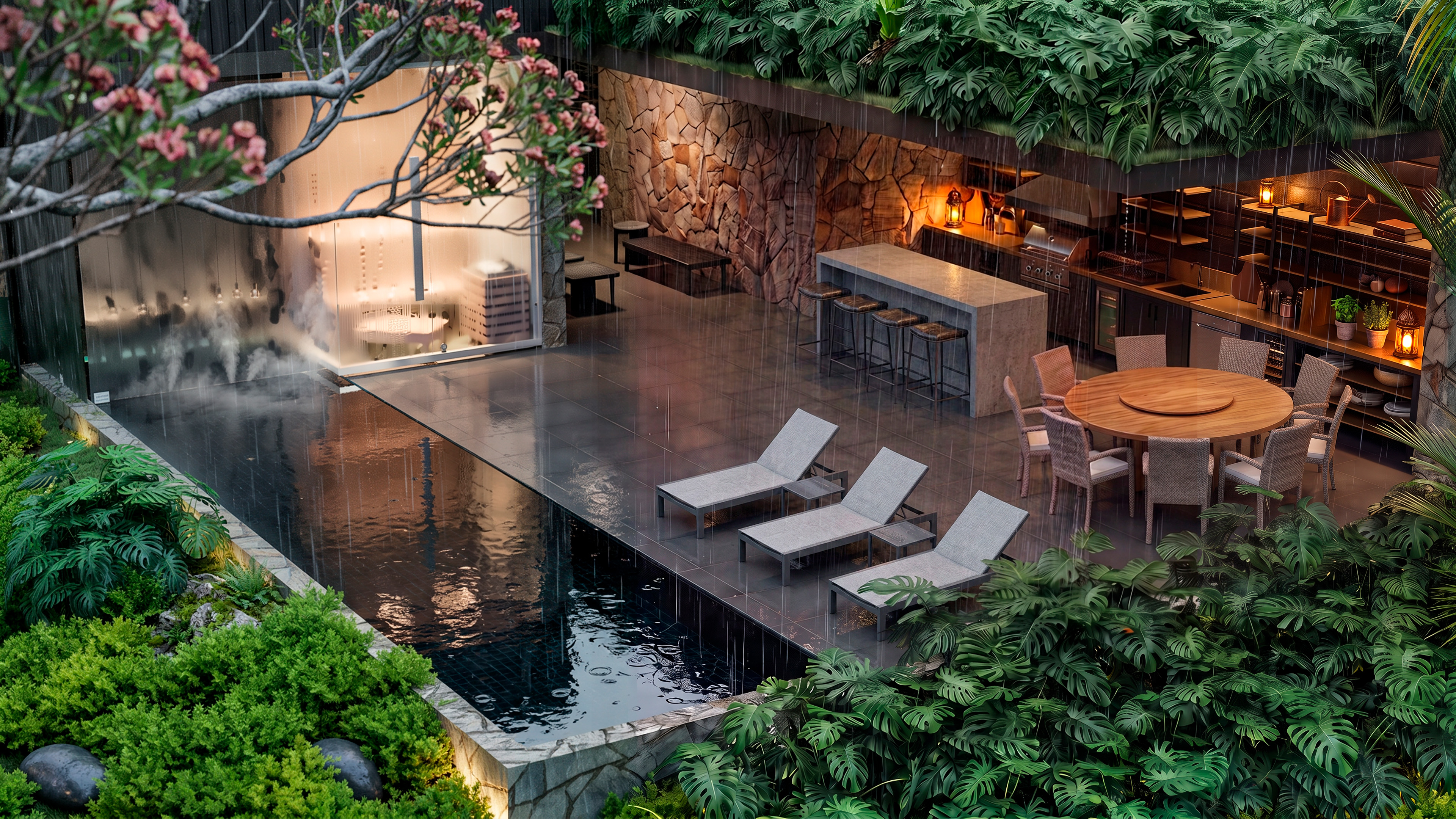 A mesma área gourmet e piscina da Casa LG20 durante a chuva
